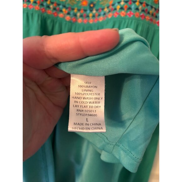 Savanna Jane Womens Embroidered Boho Tunic Dress Green Floral V-Neck  L - Picture 7 of 10